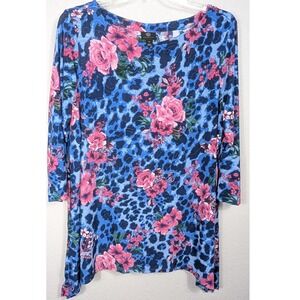 JM Collection Women 2X Blue Leopard Floral Print Tunic Top 3/4 Sleeve Curved Hem